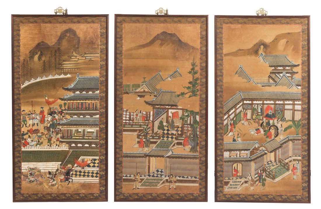 Three Japanese Paintings on Paper, Height 42 1/2 x: Three Japanese Paintings on Paper, Edo Period (1603-1867) depicting various figural scenes, noblemen and officials in pavilions, with misty cloud cover and mountains in the background, unsigned, mount