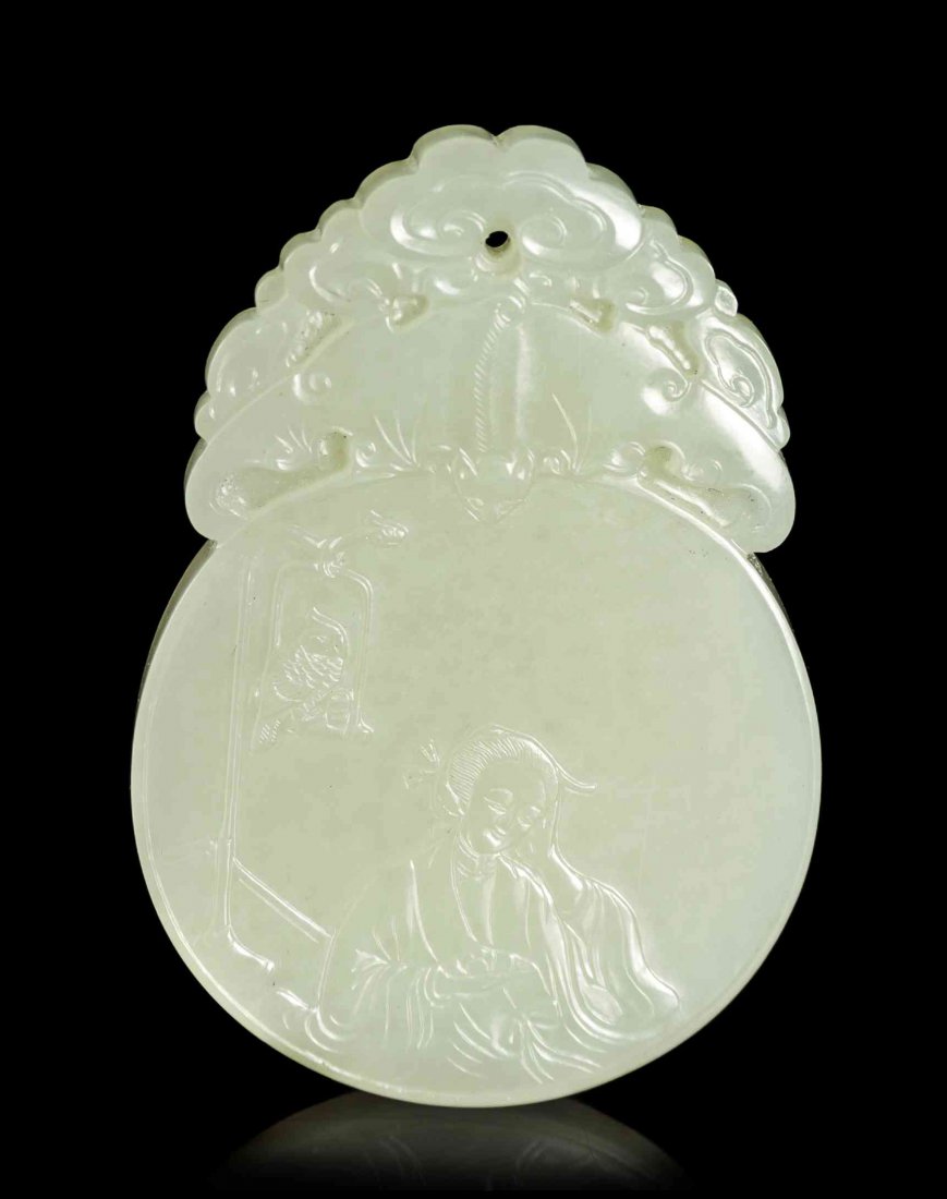 A Carved White Jade Pendant, Height 2 3/8 inches.: A Carved White Jade Pendant, of circular form with a shaped crest, with calligraphic inscription, the reverse depicting a relief-carved scene of a lady seated with a parrot on a perch nearby, the circ