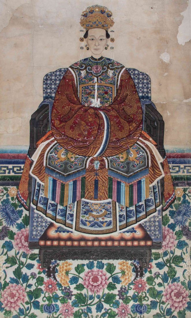 An Ancestor Portrait of a Lady, Height 52 x width 32: An Ancestor Portrait of a Lady, depicting the wife of a civil official with a white egret rank badge, seated in a throne chair on a florally patterned carpet. Height 52 x width 32 1/2 inches.