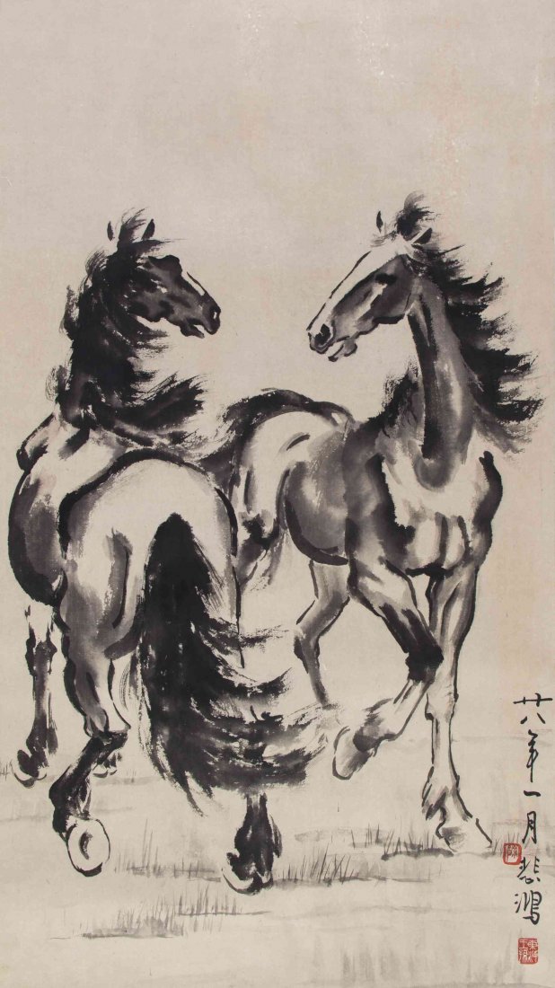 A Chinese Ink and Color Painting on Paper, After Xu: A Chinese Ink and Color Painting on Paper, After Xu Beihong, depicting two horses circling each other, with an inscription of the year and signature, bearing two seals to the lower register. Height 33