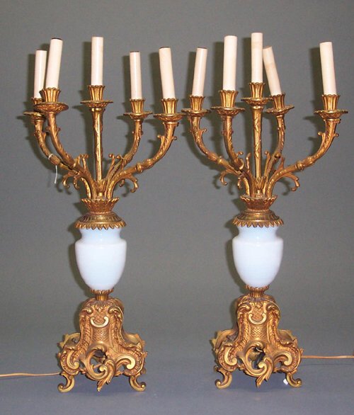 PAIR OPALINE & GILT-METAL MOUNTED CANDEL