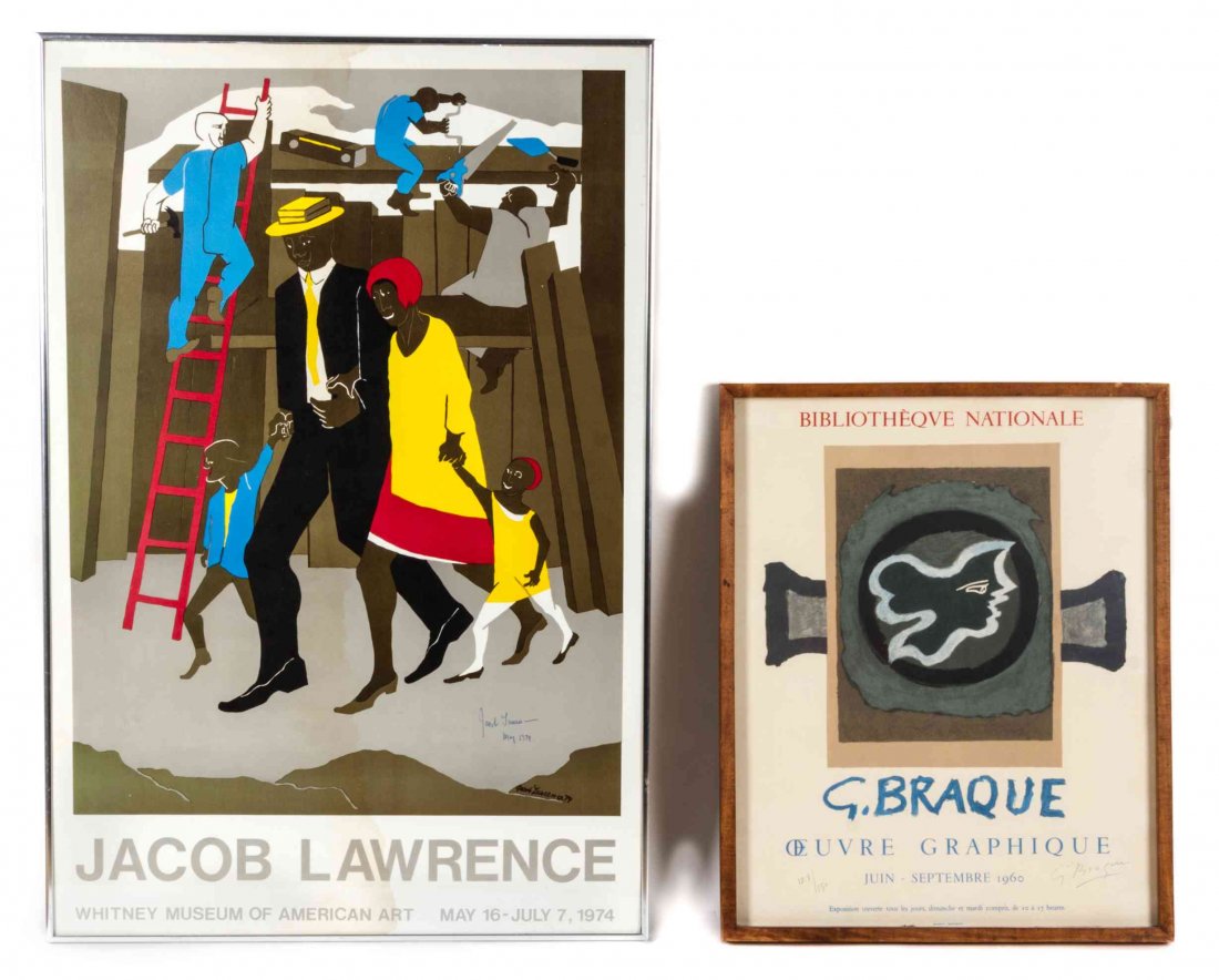 Three Framed Art Posters, Largest 24 x 36 inches.: Three Framed Art Posters, including examples after Jacob Lawrence, Marc Chagall and Georges Braque. Posters signed by the artist posters Largest 24 x 36 inches.