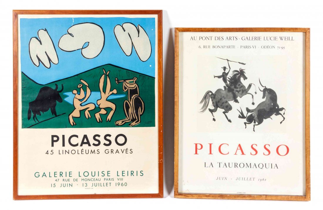 Two Framed Posters, Height of taller 20 1/4 x 26: Two Framed Posters, each pertaining to Picasso exhibitions. Height of taller 20 1/4 x 26 inches.