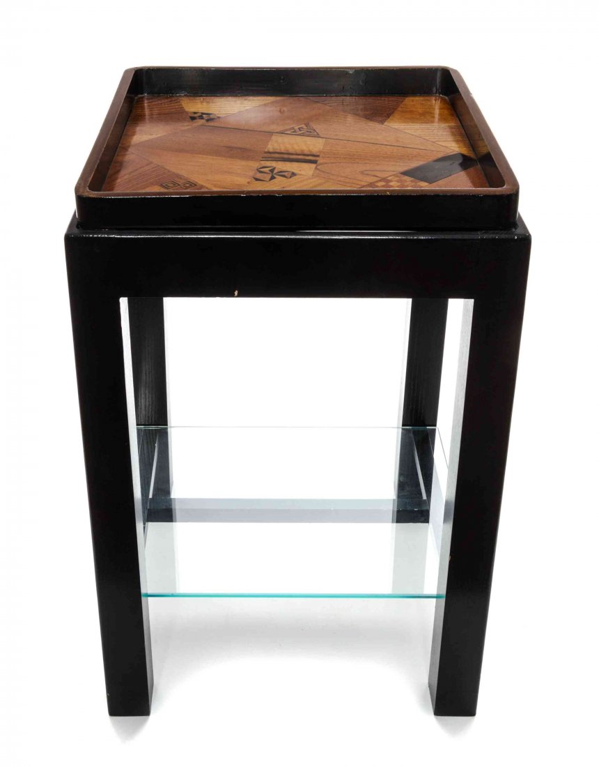 A Marquetry Inlaid Tray Top Table, Height 22 1/2 x: A Marquetry Inlaid Tray Top Table, the inlaid square top set in the black painted table stand with four rectangular legs joined by a stretcher. Height 22 1/2 x width 14 1/2 x depth 14 1/2 inches. Prop