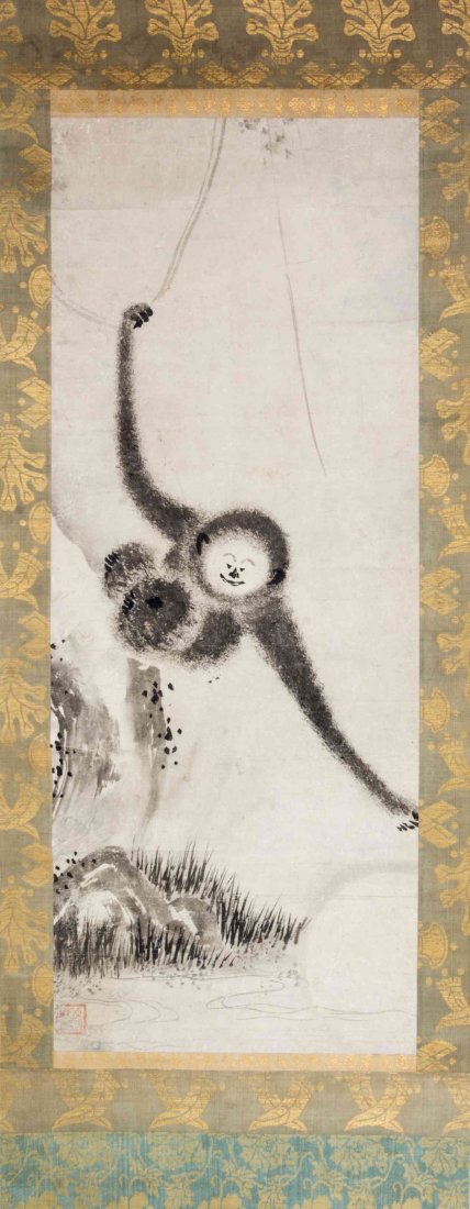 A Japanese Hanging Scroll Painting, Length overall 72: A Japanese Hanging Scroll Painting, ink and color on silk, depicting a monkey. Length overall 72 inches. Property from the Soffer Collection