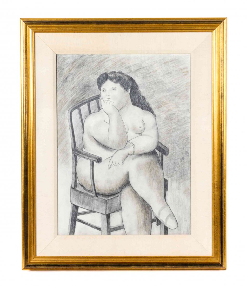 After Fernando Botero, (20th century), Woman Seated: After Fernando Botero (20th century) Woman Seated Under a Tree and Nude Woman in Armchair pencil drawing 23 1/4 x 17 1/4 inches. The Hascoe Collection