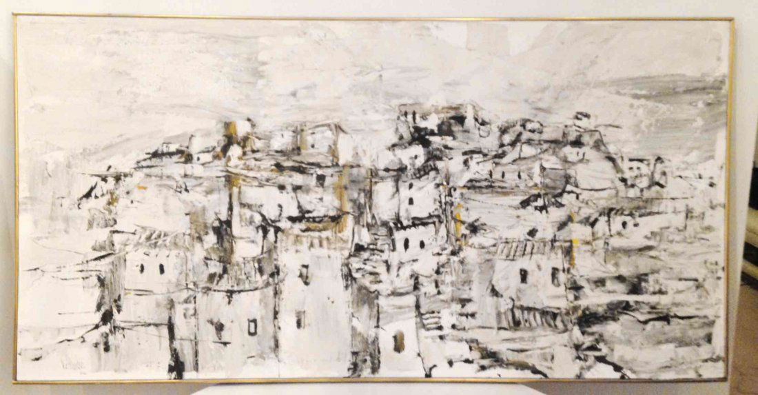 Gino Hollander, (American, 20th Century), Pueblos, 1966: Gino Hollander (American, 20th Century) Pueblos, 1966 oil on canvas signed Gino Hollander and dated (lower left) 33 x 60 inches.