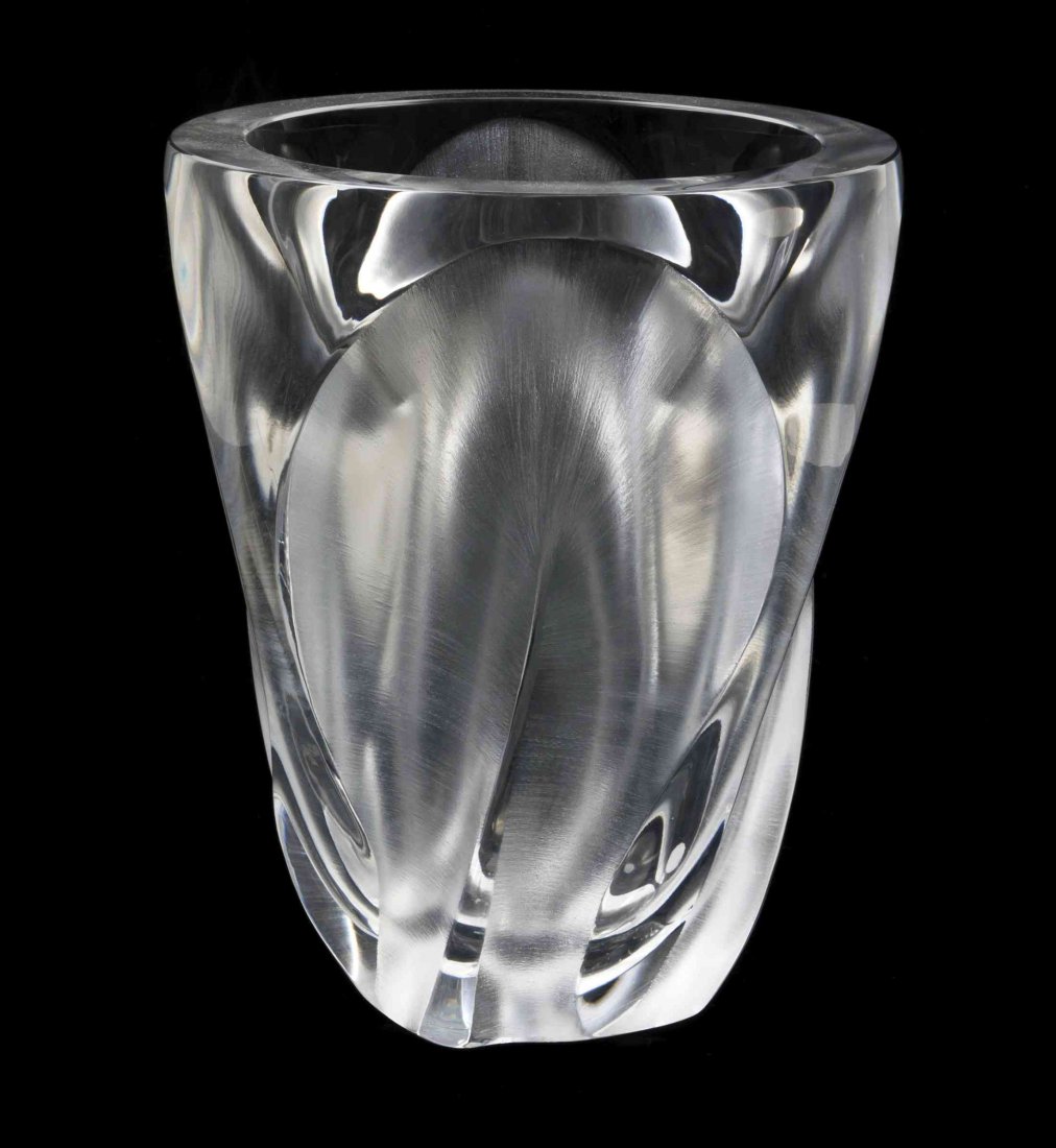A Lalique Molded and Frosted Glass Vase, Height 10 1/2: A Lalique Molded and Frosted Glass Vase, Ingrid, of tapering form, etched Lalique R France. Height 10 1/2 inches.