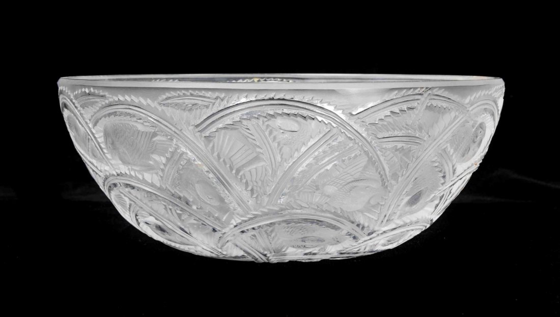 A Lalique Molded and Frosted Glass Bowl, Diameter 9 1/2: A Lalique Molded and Frosted Glass Bowl, Pinsons, of tapering form, depicting birds on leafy branches, etched Lalique France. Diameter 9 1/2 inches. Property from the Estate of David and Sally Haase, 