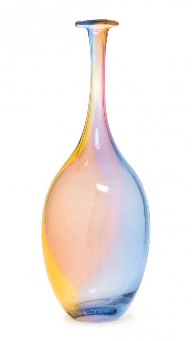 A Kosta Boda Glass Vase, K. Engmanm, Height 11 1/4: A Kosta Boda Glass Vase, K. Engmanm, of bottle form with a pink to blue ground, etched Kosta Boda, K. Engmanm, numbered 48838, bearing the original sticker. Height 11 1/4 inches. Property from the Est