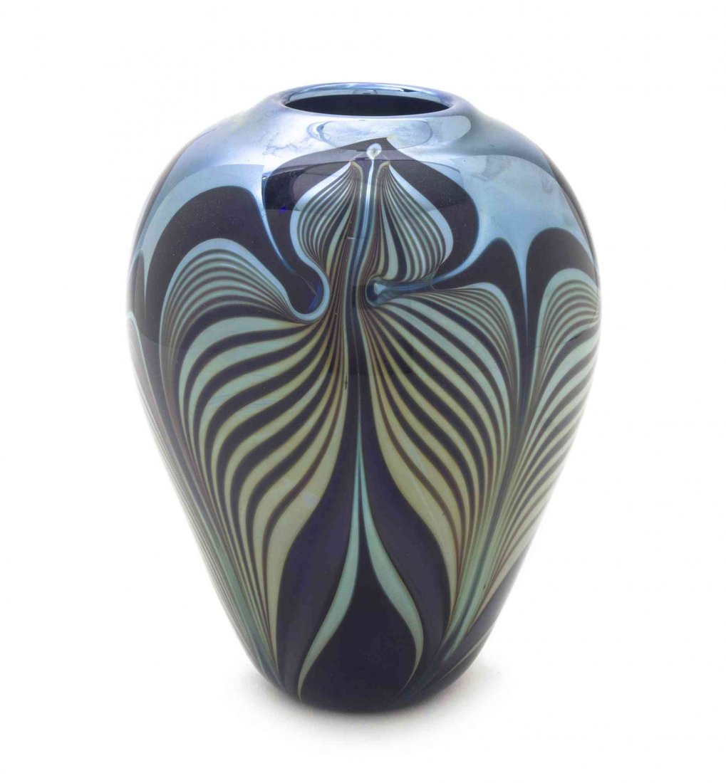 A Studio Glass Vase, Randy Strong, Height 6 3/4 inches.: A Studio Glass Vase, Randy Strong, of elongated ovoid form with pulled feather decoration. Height 6 3/4 inches. Property from the Estate of Dr. Gene and Selma Borowitz, Chicago, Illinois Condition: In