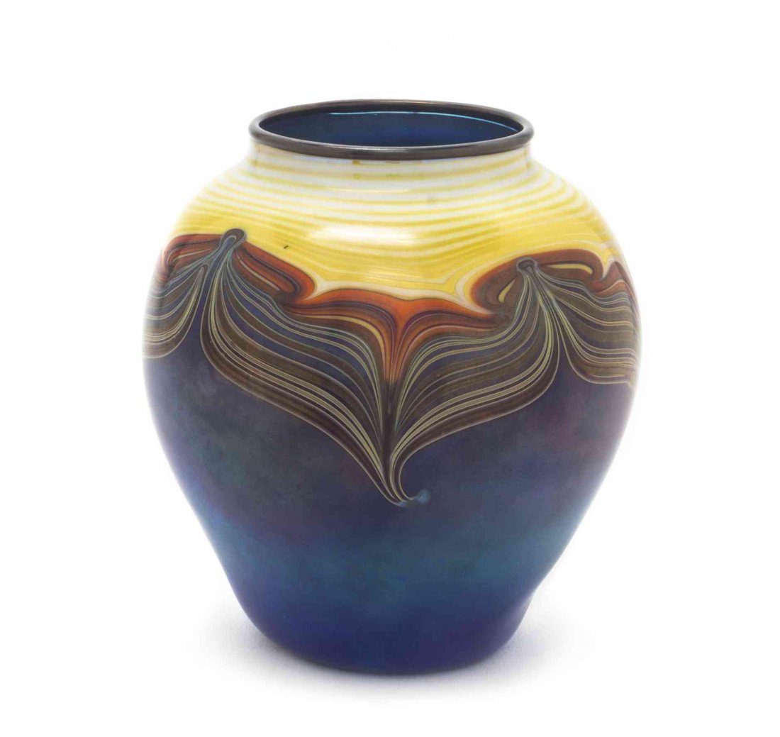 An Orient and Flume Glass Vase, Height 5 1/2 inches.: An Orient and Flume Glass Vase, of ovoid form with pulled decoration, etched Orient and Flume, dated 1975 and numbered 025. Height 5 1/2 inches. Property from the Estate of Dr. Gene and Selma Borowitz