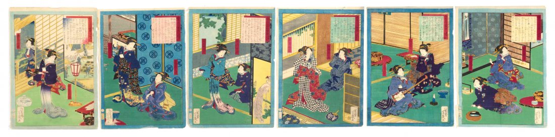 Utagawa Yoshiiku, (1833-1904), six sheets from Colors: Utagawa Yoshiiku (1833-1904) six sheets from Colors of Spring at Thirty-Six Restaurants woodblock prints each signed Yoshiiku ga (lower register) Height per sheet 14 3/4 x width 9 7/8 inches.