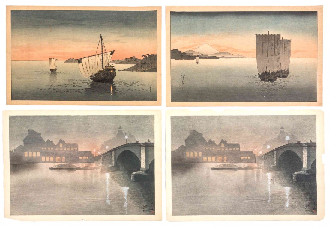 Koho Shoda Height of largest 11 x width 15 1/4 inches.: Koho Shoda Japan (1871-1946) Sunset on Suruga Bay and Two Boats in the Sunset (two works) with two other examples, each depicting a river landscape signed Koho (lower left; lower right) woodblock prin