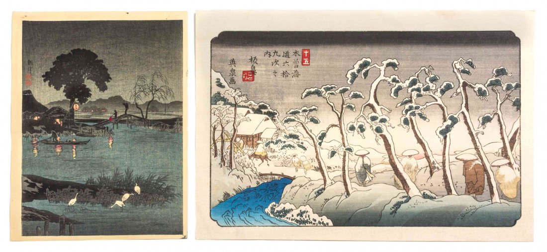 Keisai Eisen, (1790-1848), No. 15 Itahana from the: Keisai Eisen (1790-1848) No. 15 Itahana from the series Kisokaido with another example Hiroaki Takahashi (Shotei) (1871-1945) Night at Funibori woodblock prints first signed Eisen ga (upper left), sec