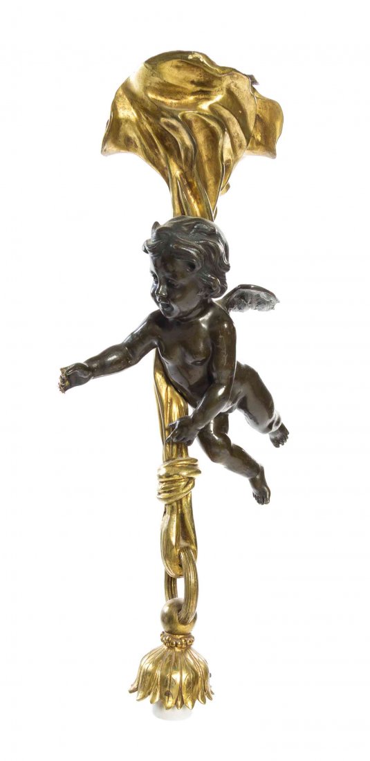 A Gilt and Patinated Bronze Pendant Fixture, Height 21: A Gilt and Patinated Bronze Pendant Fixture, cast with a cherub, having a single lighting element. Height 21 inches. Property from the Estate of a Prominent Midwest Collector