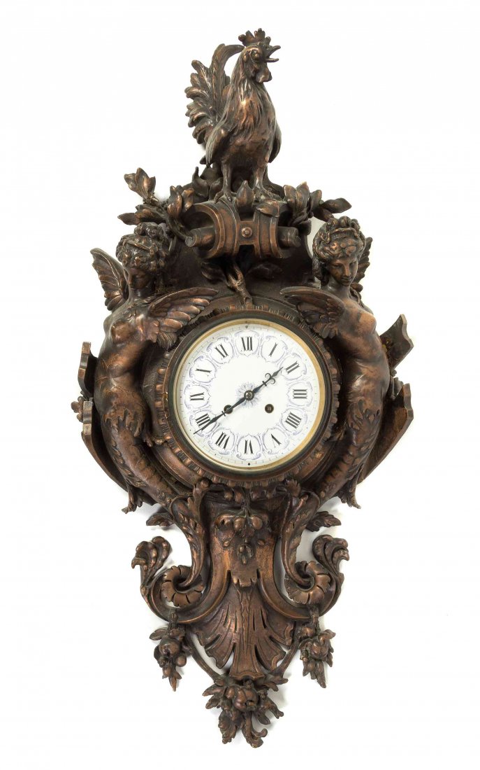 A French Bronzed Plaster Cartel Clock, 19TH CENTURY,: A French Bronzed Plaster Cartel Clock, 19TH CENTURY, MOVEMENT BY L. MARTI, having a circular dial with Roman numerals, the case modeled with a rooster at the top and winged female figures at the sides