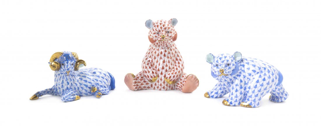 Three Herend Porcelain Figures, Height of tallest 3 1/2: Three Herend Porcelain Figures, comprising two bears and a recumbent ram. Height of tallest 3 1/2 inches. Property from the Collection of Pamela Zeisler Sandine, Chicago, Illinois