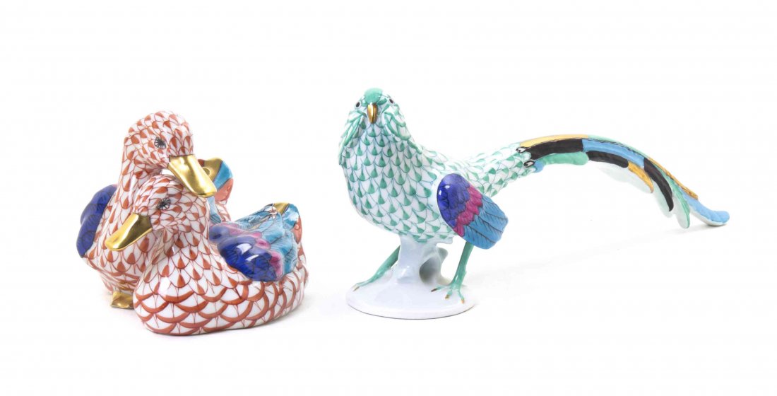 Two Herend Porcelain Ornithological Figures, Length of: Two Herend Porcelain Ornithological Figures, comprising a pheasant and a grouping of two nestled ducks. Length of first 8 1/4 inches. Property from the Collection of Pamela Zeisler Sandine, Chicago, I