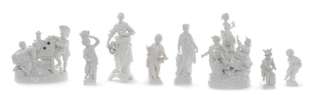 Eight Berlin (K.P.M.) Blanc de Chine Porcelain Figures: Eight Berlin (K.P.M.) Blanc de Chine Porcelain Figures and Figural Groups, comprising a maiden carrying a fruit basket, a bare-chested maiden standing on a dolphin, two groups depicting two girls and