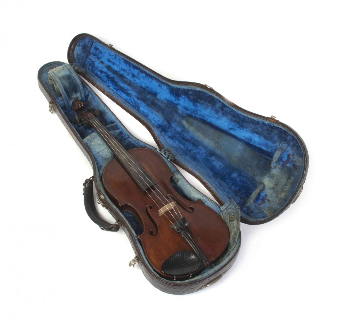 A Continental Full-Size Maple Violin, Length of back 14: A Continental Full-Size Maple Violin, having a grooved ebony tailpiece and ebony pegs, bearing spurious Joseph Guarnerius label, with an alligator skin case. Length of back 14 inches. Condition: Havin