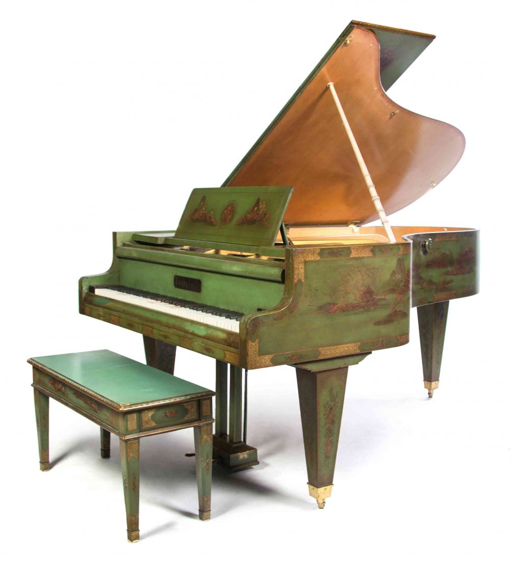 A Bosendorfer Concert Grand Piano, MODEL 200 OPUS,: A Bosendorfer Concert Grand Piano, MODEL 200 OPUS, 1914, in a green lacquered case with gilt and polychrome Chinoiserie scenes, the soundboard replaced by Bosendorfer in 2005, with a conforming bench.