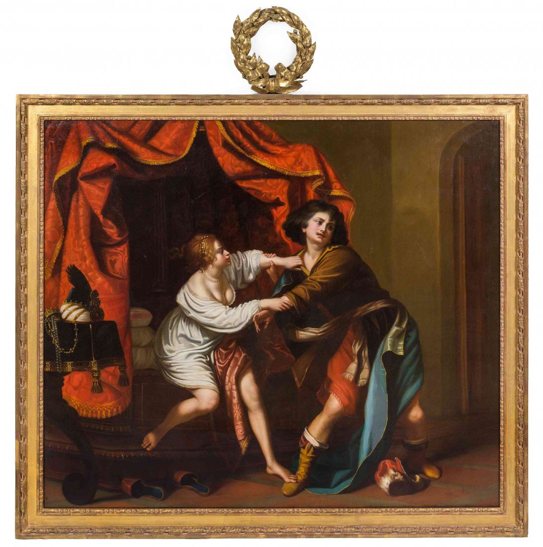 V. Bianchini, (Italian, 19th century), Joseph and: V. Bianchini (Italian, 19th century) Joseph and Potifar's Wife (after Giovanni Bilivert) oil on canvas signed (lower right) 47 1/4 x 57 inches. Property from the Estate of a Prominent Midwest Collecto