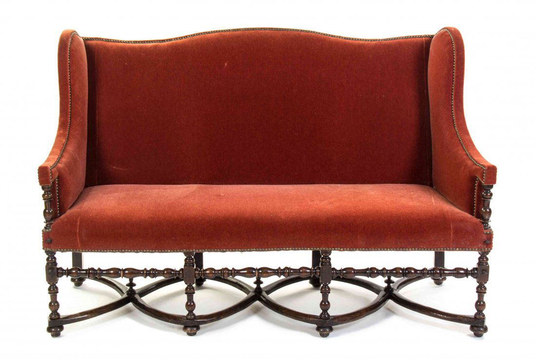 A Jacobean Style Upholstered Sofa, Width 65 1/2 inches. Jul 16, 2014