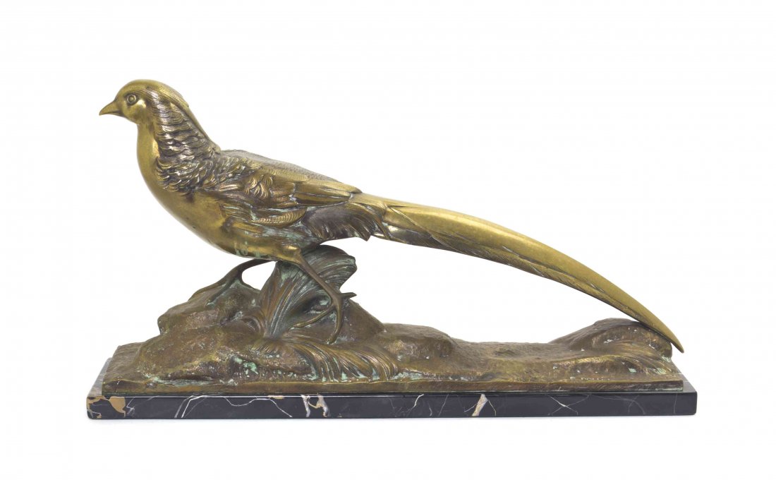 A Continental Gilt Bronze Animalier Figure, Width of: A Continental Gilt Bronze Animalier Figure, depicting a standing pheasant set on a marble base, signed Pollin. Width of bronze 26 1/4 inches.