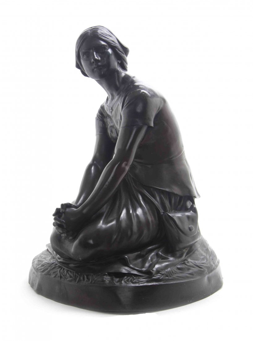 A French Bronze Figure, Height 26 inches.: A French Bronze Figure, AFTER HENRI MICHEL ANTOINE CHAPU (1833-1891), Jeane d'Arc, depicting seated with clasped hands, with Barbedienne foundry mark. Height 26 inches.