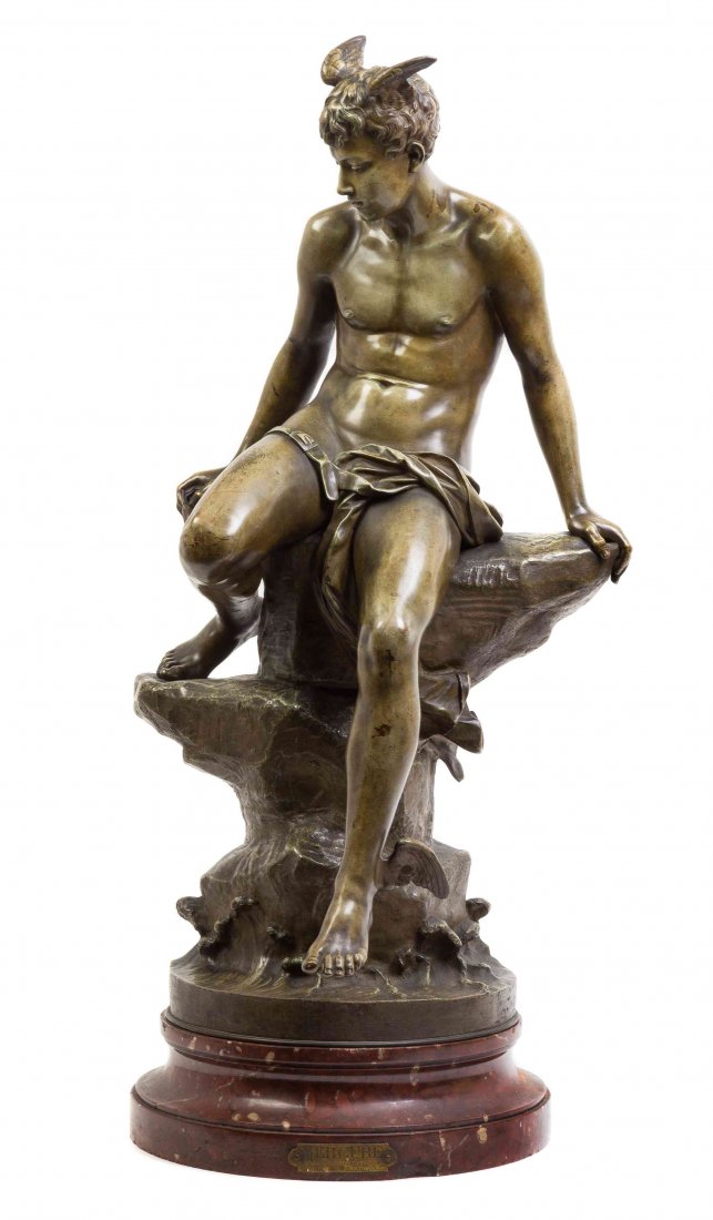 A Patinated Bronze Figure, EUTROPE BOURET (FRENCH,: A Patinated Bronze Figure, EUTROPE BOURET (FRENCH, 1833-1906), Mercure, depicting a seated Mercury raised on a marble base, signed Bouret at the back. Height 34 1/4 inches.
