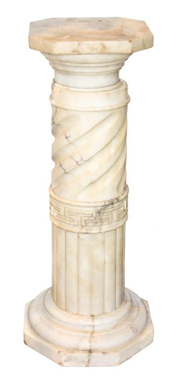 A Continental Marble Pedestal, Height 29 1/2 inches.: A Continental Marble Pedestal, having a square top with canted corners raised on a Greek key decorated standard, set on an octagonal base. Height 29 1/2 inches.