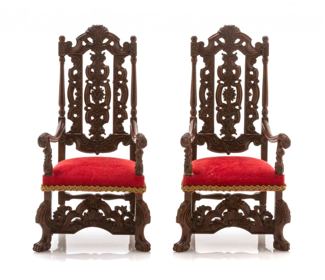 A Pair of Charles II Style Resin Armchairs, Height 4: A Pair of Charles II Style Resin Armchairs, JOHN J. HODGSON, 1999, each with an upholstered stuffover seat, raised on shaped legs joined by stretchers. Height 4 1/8 inches. Property from the Collectio