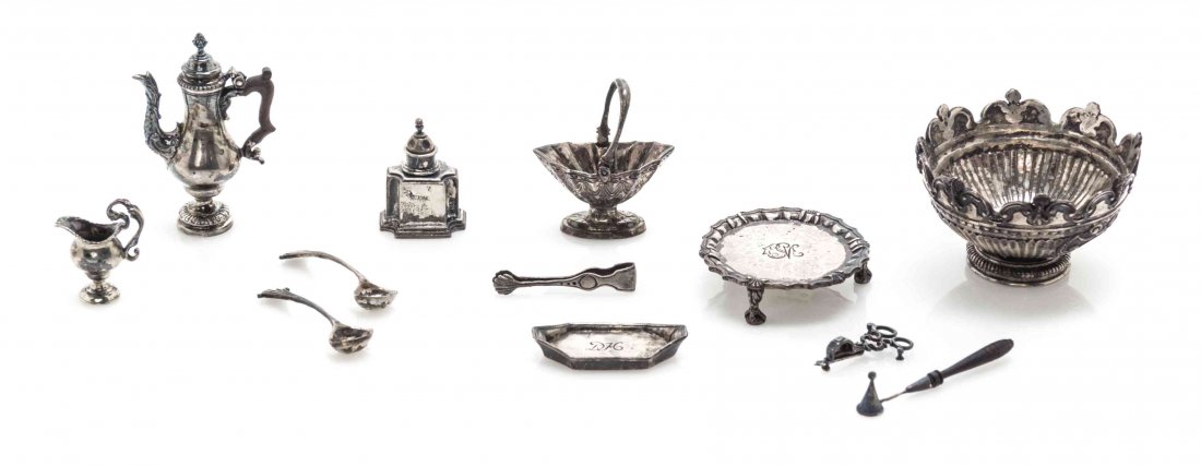 A Group of Silver Miniature Table Articles, Diameter of: A Group of Silver Miniature Table Articles, Obadiah Fisher, comprising a Queen Anne style monteith bowl, a Queen Anne style tea caddy, a George III style baluster coffee pot and creamer, a George III