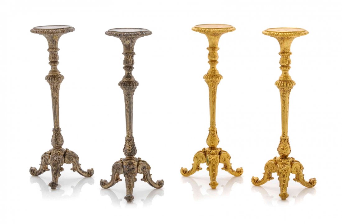 Two Pairs of George II Style Metal Jardiniere Stands,: Two Pairs of George II Style Metal Jardiniere Stands, JOHN J. HODGSON, one pair silvered, the other gilt, each raised on three foliate worked legs ending in scrolled toes, apparently unsigned. Height 