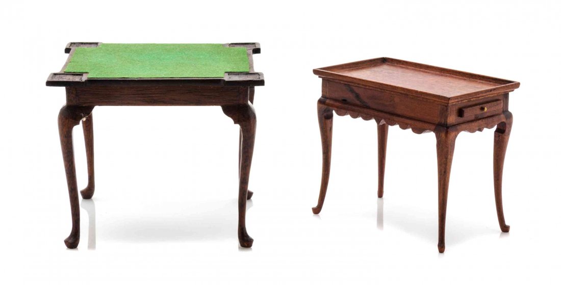 Two Queen Anne Style Furniture Articles, Height of game: Two Queen Anne Style Furniture Articles, BETTY VALENTINE, comprising a game table with a rectangular felted playing surface and a tea table with candle slides at each end, both raised on cabriole legs