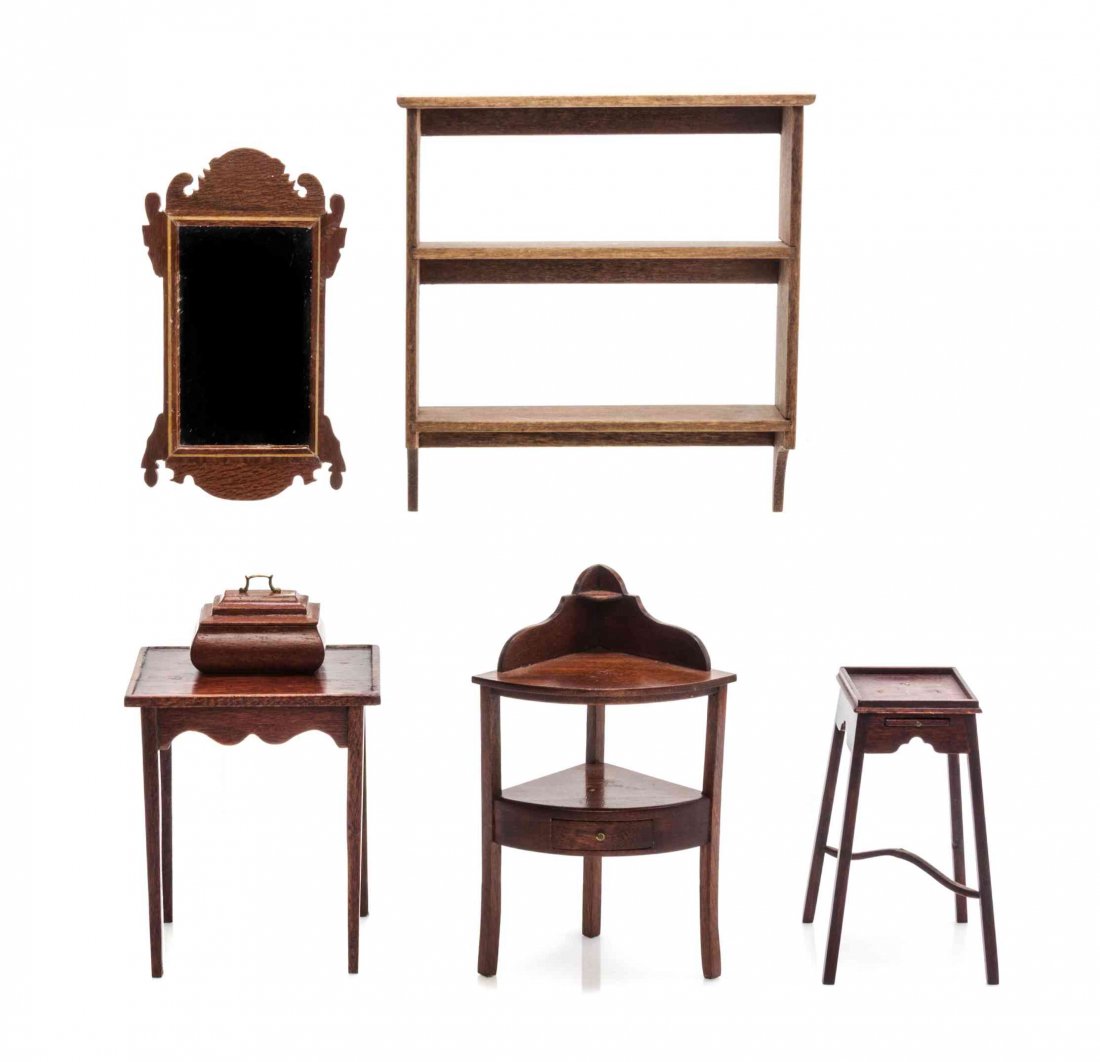 A Group of Four Georgian Style Furniture Articles,: A Group of Four Georgian Style Furniture Articles, comprising a tea table marked CHE, a corner wash stand marked RG, a kettle stand by Terry Rogal and a tea caddy by Richard Simms, together with a Chi