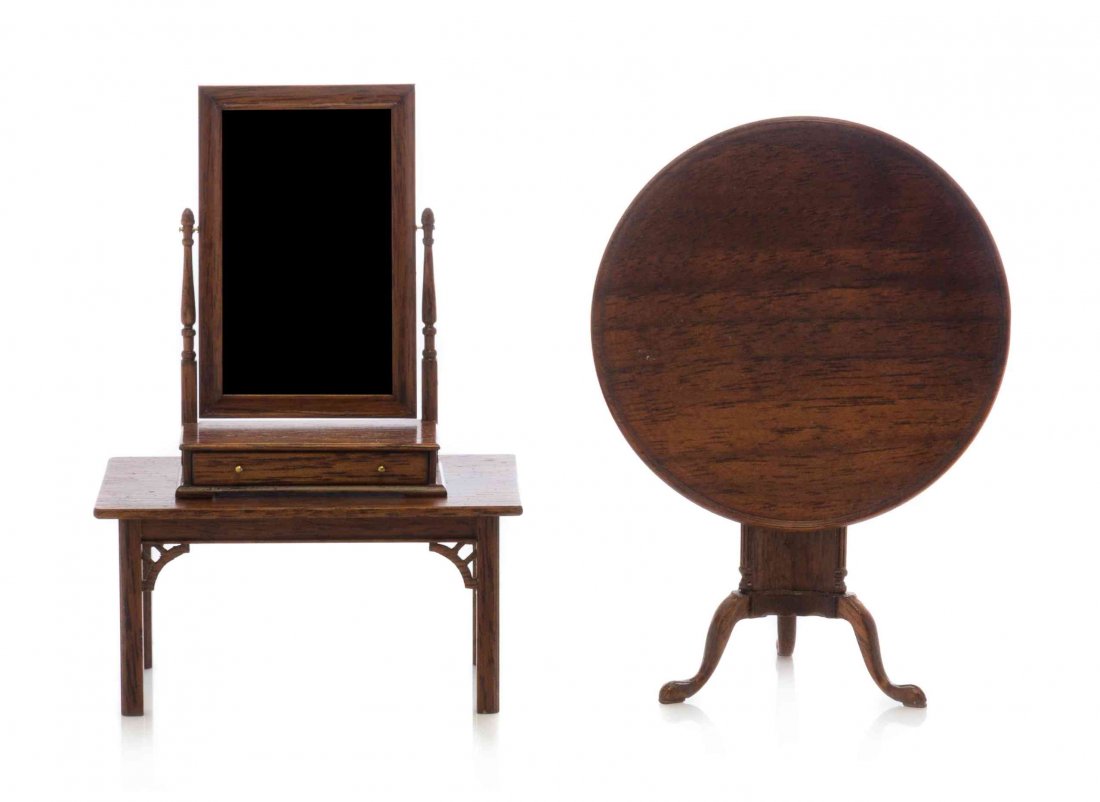 Three Chippendale Style Furniture Articles, Height of: Three Chippendale Style Furniture Articles, GERALD CRAWFORD, comprising a low table, a dressing mirror and a tilt-top table raised on a triangular pedestal with a cabinet door over a tripod base. Heig