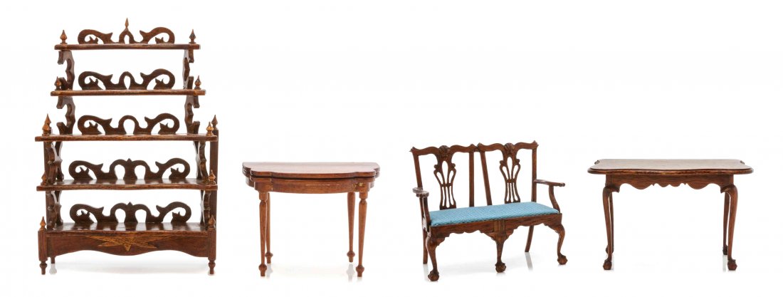 Two Chippendale Style Mahogany Furniture Articles,: Two Chippendale Style Mahogany Furniture Articles, BETTY VALENTINE, comprising a double back settee and a console table, each initialed to the underside. Height of first 3 1/4 x width 4 1/4 inches. Pr
