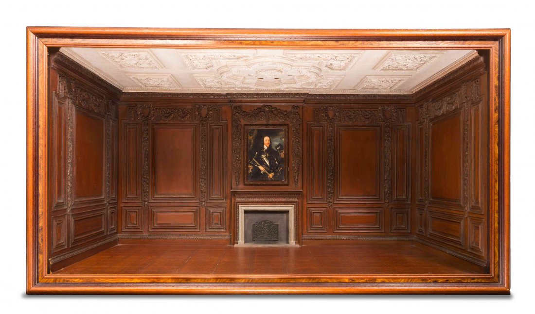 A Charles II Style Room Box, Height 16 1/2 x width 31 x: A Charles II Style Room Box, JOHN J. HODGSON, having simulated parquet flooring, a simulated plaster ceiling, paneled walls and a fireplace with a printed portrait of Charles II above. Height 16 1/2 x