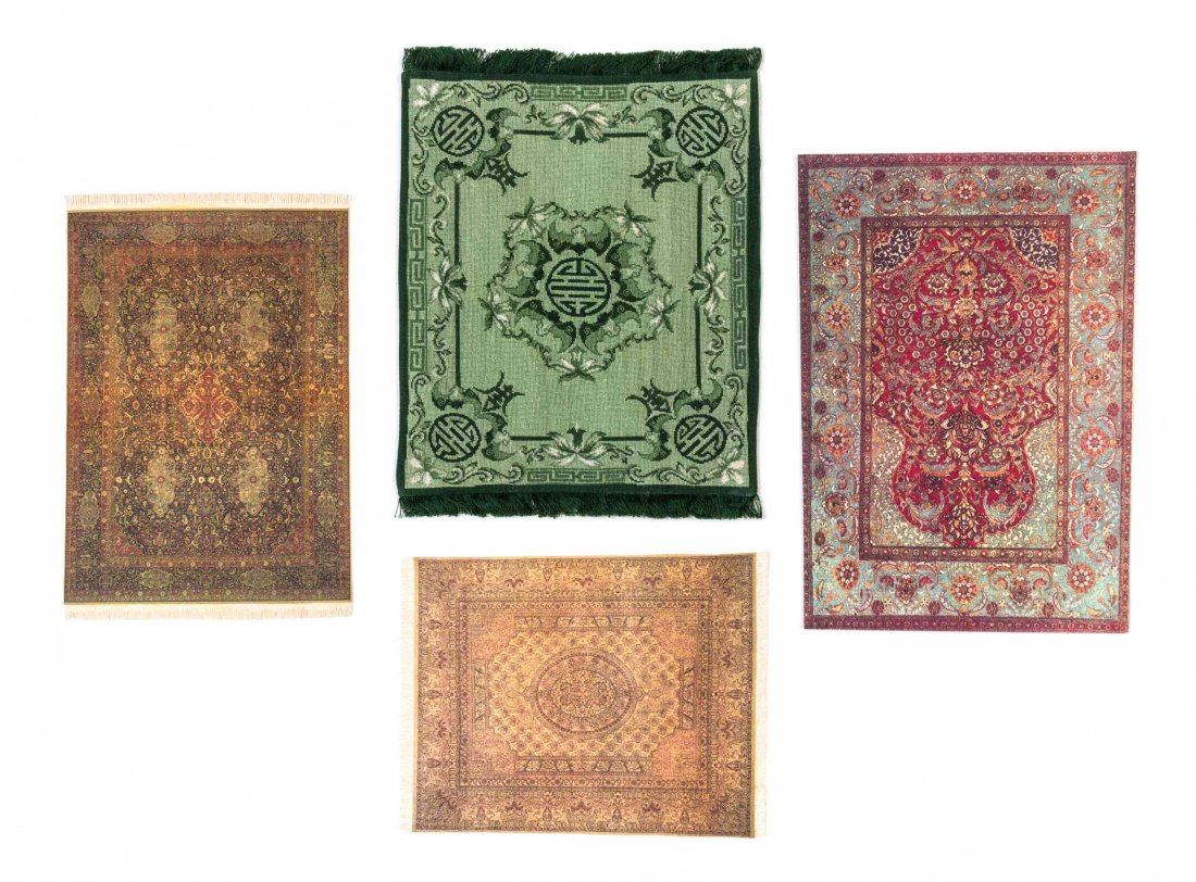 A Chinese Needlepoint Rug, 9 1/4 x 8 inches.: A Chinese Needlepoint Rug, worked to show bats against a green ground, together with three printed rugs. 9 1/4 x 8 inches. Property from the Collection of Cookie Ziemba, Lake Worth, Florida