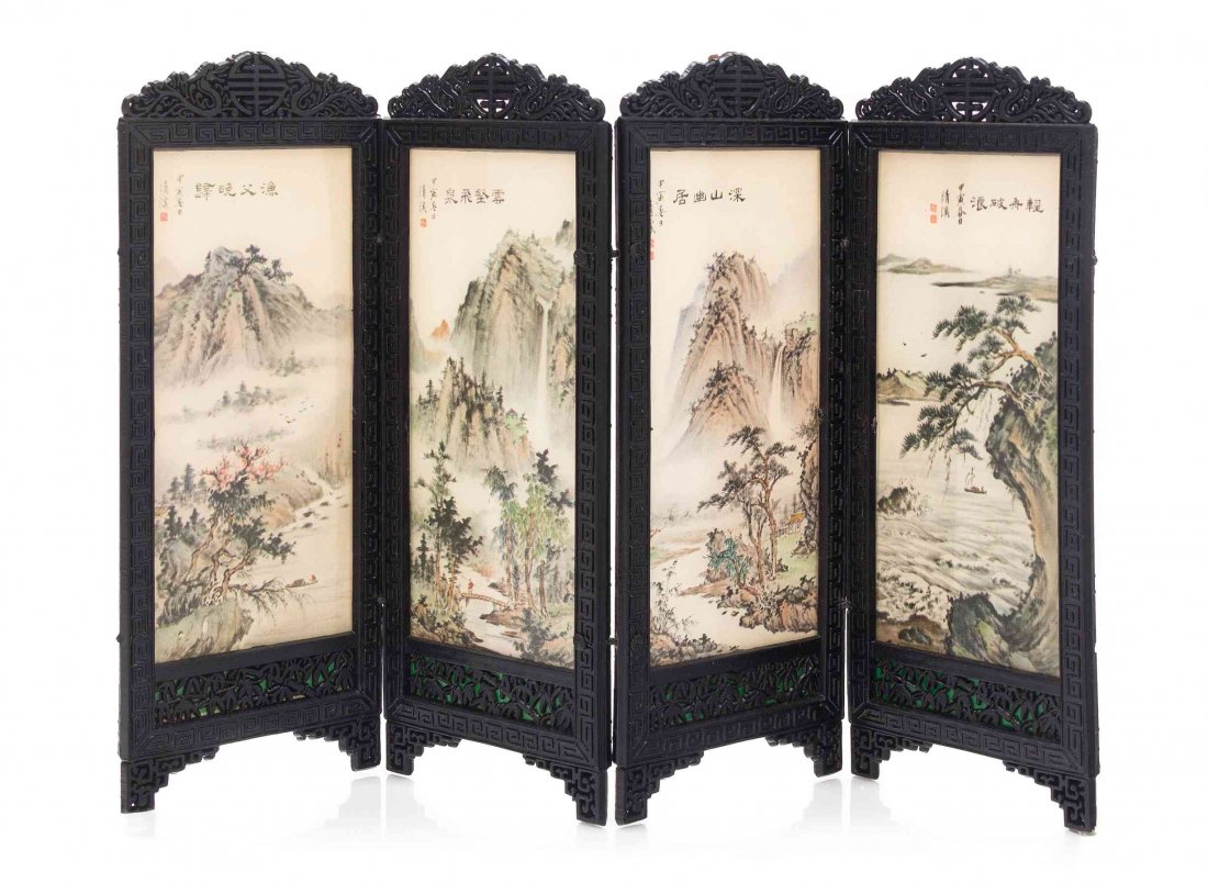 A Chinese Style Four-Panel Floor Screen, Height 6 x: A Chinese Style Four-Panel Floor Screen, each panel inset with a printed landscape scene with an inscription. Height 6 x width of each panel 2 1/4 inches. Property from the Collection of Cookie Ziemba