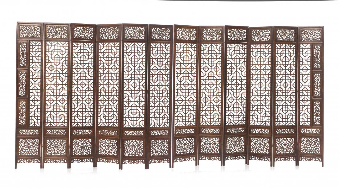 A Chinese Twelve-Panel Screen, Height 15 x width of: A Chinese Twelve-Panel Screen, IMPERIAL PLEASURES MINIATURES, comprising four three-panel sections contained in a fitted case with lift-out trays, each panel carved to show vases and other classical f