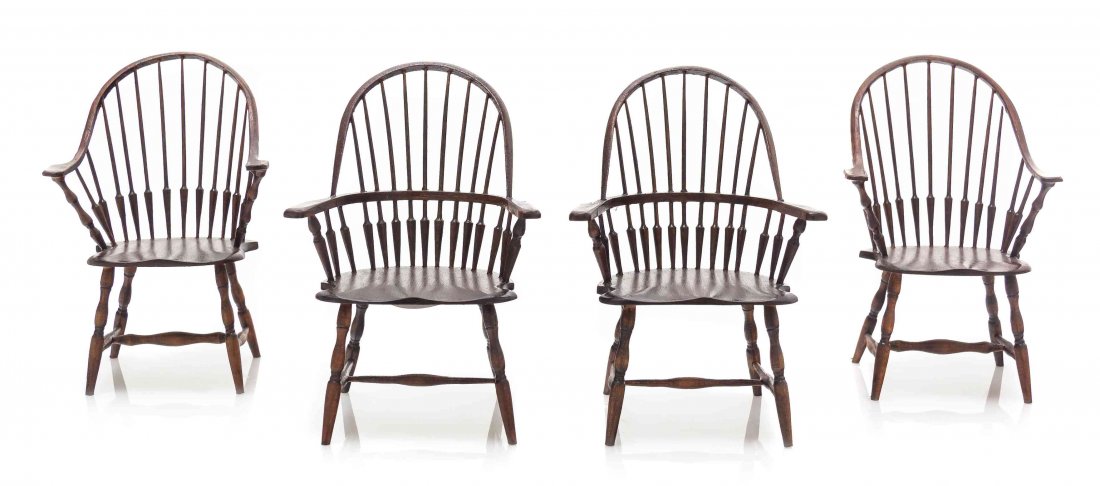 Two Pairs of Windsor Armchairs, Height of taller pair 3: Two Pairs of Windsor Armchairs, BILL CLINGER, each raised on turned legs joined by stretchers. Height of taller pair 3 3/8 inches. Property from the Collection of Cookie Ziemba, Lake Worth, Florida