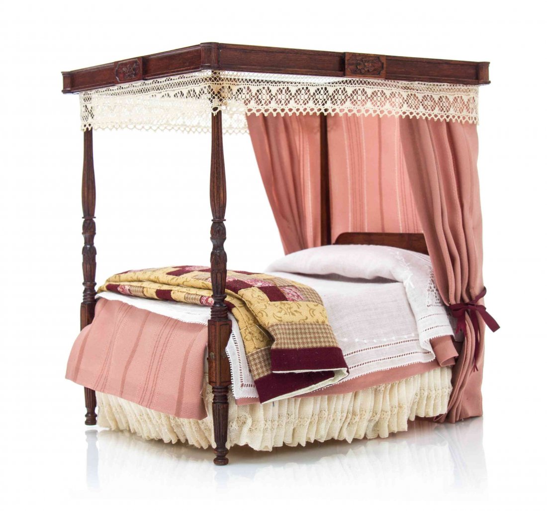 An Edwardian Style Tester Bed, Height 7 1/4 x width 5: An Edwardian Style Tester Bed, LOU MURTER, having turned and reeded supports with bedclothes by Cookie Ziemba. Height 7 1/4 x width 5 1/4 x depth 6 7/8 inches. Property from the Collection of Cookie Z