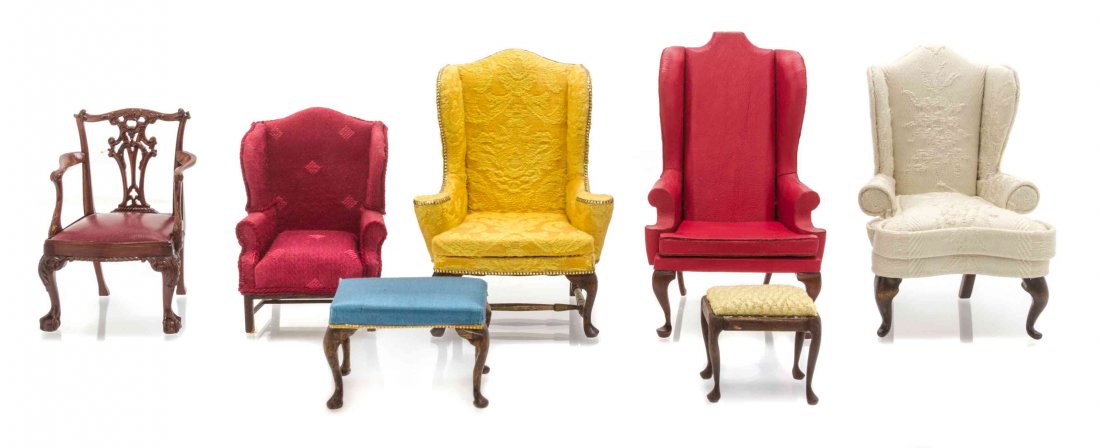 Fifteen Furniture Articles, Height of first 4 1/8: Fifteen Furniture Articles, comprising four wingback armchair, one by N. Belt; two shield back armchairs by Howard L. Chambers; a Hepplewhite style side chair; three yoke-back corner chairs; a Chippen