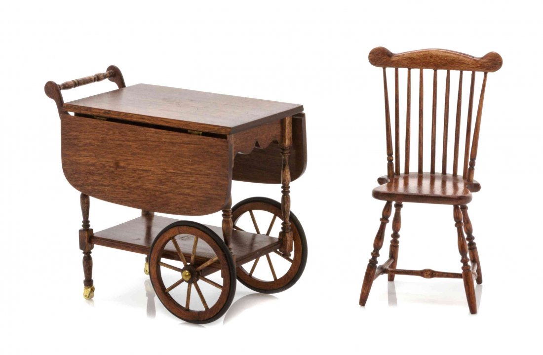 Two Victorian Style Mahogany Articles, Height of first: Two Victorian Style Mahogany Articles, ROGER L. GUTHEIL, comprising a comb-back windsor chair and a serving cart with turned supports, dated 2002. Height of first 3 inches. Property from the Estate of