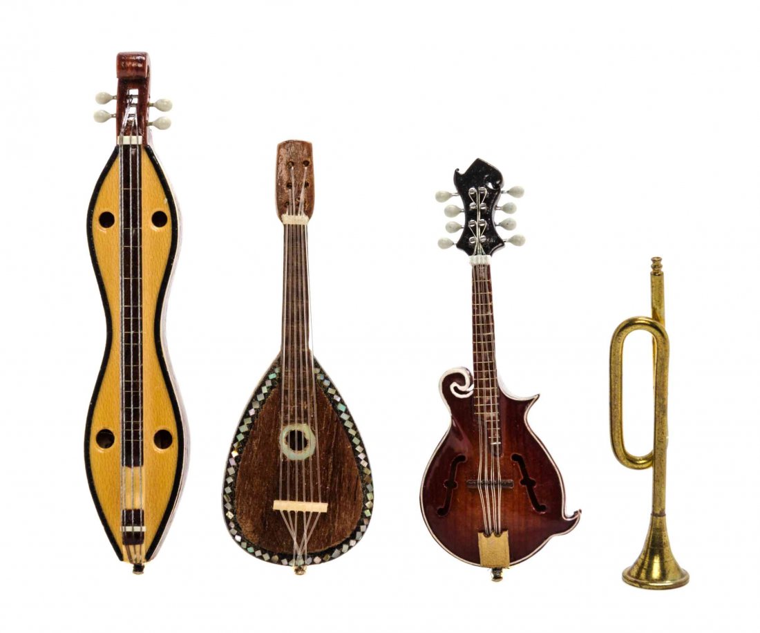 Four Musical Instruments, Length of longest 2 3/4: Four Musical Instruments, LINDA NORMAN, comprising a dulcimer, two mandolins and a trumpet. Length of longest 2 3/4 inches. Property from the Collection of Cookie Ziemba, Lake Worth, Florida