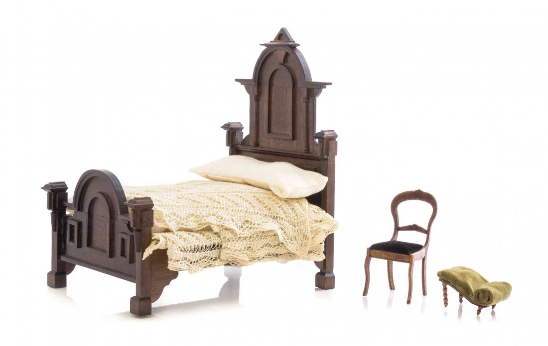 A Victorian Style Bed, Height of bed 7 1/4 x width 4: A Victorian Style Bed, ELLEN KRUCKER BLAUER, THE MINIATURE MART, together with a Victorian style side chair and a velvet upholstered foot stool by Cookie Ziemba. Height of bed 7 1/4 x width 4 3/4 x de