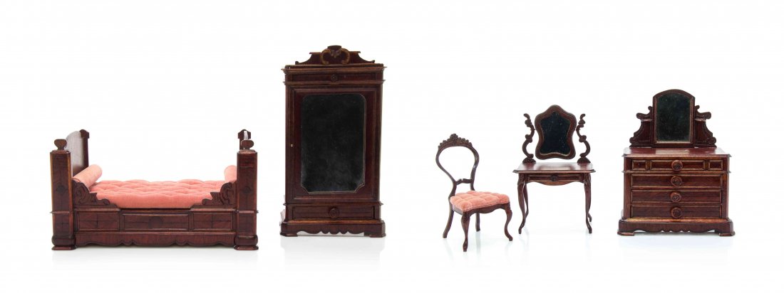 A Victorian Style Bedroom Suite, Height of armoire 6: A Victorian Style Bedroom Suite, NANCY SUMMERS, comprising an armoire with a mirrored door, a side chair, a dressing table with a swivel mirror, a chest of drawers with a mirrored superstructure and a